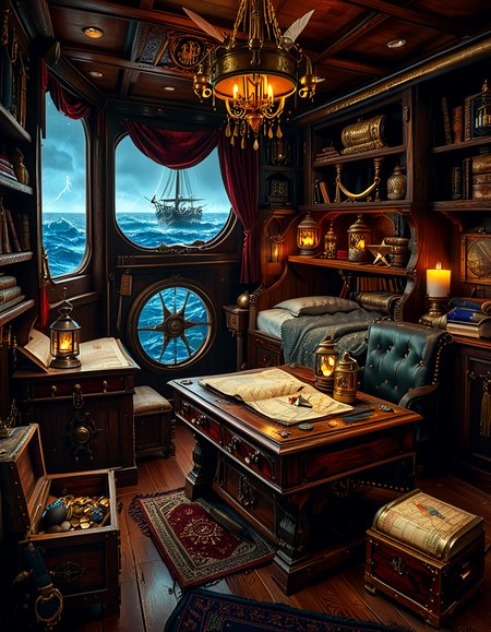 <lora:Captain_c4b1n:1>,Captain c4b1n
A richly detailed pirate captain's cabin aboard an 18th-century wooden ship. The room is dimly lit by flickering candlelight and a hanging oil lantern, casting warm golden glows on the dark oak walls. An ornate wooden desk sits at the center, covered with ancient, weathered maps, a golden compass, and scattered quills with ink bottles. A large, curved window at the back reveals the vast ocean under a moody, cloudy sky, with faint moonlight seeping in.
To the right, a massive wooden bookshelf filled with leather-bound books, nautical charts, and mysterious artifacts, some covered in dust. On the left, a polished mahogany chest with intricate carvings, partially open, revealing gold coins and shimmering gemstones. A grand captain's chair, upholstered in deep red velvet, sits behind the desk, exuding authority and power.
The wooden floor is rugged and slightly uneven, adorned with an old tattered rug. A cutlass and a flintlock pistol rest casually on the desk, while a pirate hat with a large feather hangs on the wall beside a mounted shipâs wheel. The atmosphere is both eerie and majestic, evoking the spirit of adventure and the mysteries of the sea.
<lora:SDXLFaeTastic2400:0.4> <lora:extremely_detailed:0.4> extremely detailed, Masterpiece,best quality,hi res,8k,hi res,8k,award winning,(sharp focus, intricate, highly detailed),