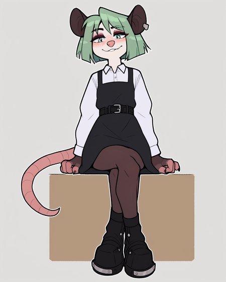 score_9_up, score_8_up, score_7_up, score_6_up, by remanedur, low-angle view,  small breasts, green hair, possum, pose, sitting, gesture, crossed legs,  green eyes, eyeshadow, female, looking down at viewer, looking down,  tail, dress, blush, solo, ear piercing, short hair, smile, black footwear, belt, (three-quarter view), head tilt, simple background, white outline, <lora:Leah_Pines(AIM)_XL_v1:0.15> <lora:PDXL_artist_tags_v2_big:0.55> <lora:The-Minuscule-Task_PDXL_v1.0:0.65> <lora:Nova_Nightingale_jopitr:0.75>