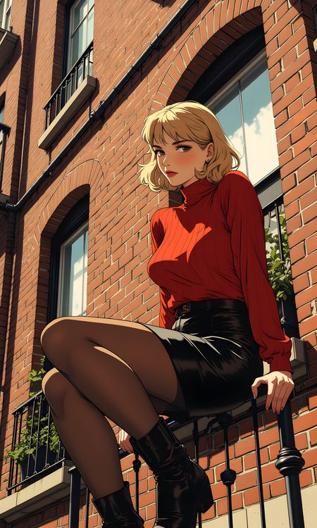 The image features a woman sitting on a balcony railing, leaning against a brick wall. She has short, blonde hair styled with bangs and is wearing a red turtleneck sweater paired with a black leather skirt and sheer black tights. Her pose is relaxed yet confident, with one hand resting on the railing and her legs crossed.
The camera captures the subject from a slightly elevated angle, focusing on her upper body and face. The lighting is natural, likely from daylight, casting soft shadows that accentuate the texture of the brick wall and the details of her clothing. The light source appears to be coming from the front-left side, illuminating her face evenly.
The background consists of a brick building with several windows, some of which have decorative metal railings. The architecture suggests an urban setting, possibly in a European city. The windows are framed with white trim, and there are small plants visible on one of the window sills, adding a touch of greenery to the scene.
The composition centers the woman in the frame, with the balcony railing and brick wall framing her from below and behind. The lines of the railing and the vertical lines of the brick wall create a sense of structure and balance in the image. The overall effect is casual yet stylish, capturing a moment of quiet confidence in an everyday urban environment.
BREAK anime, d13s3lp2nk, bboil artist style, OBdonman, Anime art, <lora:FLUX\Anime Art V3:0.2>, <lora:FLUX\Synesthesia:0.2>, <lora:FLUX\RetroAnimeS1.1:0.5>, <lora:FLUX\Flux-jijia:0.1>, <lora:FLUX\It's a LoRA for portraits, BUT! actually specialized in backgrounds. v1.0:0.1>, <lora:FLUX\GLSHS:0.2>, <lora:FLUX\Dieselpunk Delight - s0_9 g4:0.4>, <lora:FLUX\OBdonman, anime0style portrait:0.1>