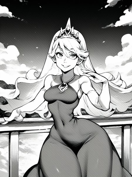 score_9, score_8_up, score_7_up, score_6_up, princess girl, princess dress, clothes, tiara, blonde, eyes, white elbow gloves, balcony, clouds, sky, medium breasts, narrow waist, wide hips, thick thighs, looking at viewer, cowboy shot, dynamic pose, cute, wide shot, solo, sexually suggestive, light smile, 
 <lora:ABearHand_style:1>, HandBeardXLP, monochrome, greyscale,
