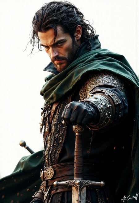 A dark-haired, pale-skinned man with angular features and piercing green eyes stands with his right arm outstretched, his fingers curled into a fist, against a stark white background. He wears a intricately embroidered, dark-green jacket with gold accents, paired with a pair of supple, black leather gloves. His left hand rests on the hilt of a worn, silver sword at his side, its blade glinting in the warm, golden light of a setting sun. The man's gaze is directed downward, his expression contemplative.