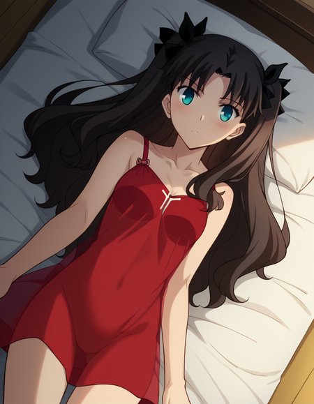 score_9, score_8_up, score_7_up, source_anime, rintohsaka, <lora:rin-tohsaka-ubw-ponyxl-lora-nochekaiser:1>, rin tohsaka, aqua eyes, black hair, hair ribbon, long hair, ribbon, sidelocks, two side up, parted bangs,, <lora:chemise-ponyxl-lora-nochekaiser:1>, chemise, strap slip, see-through, bare shoulders, collarbone, thighs,, indoors, bed, bed room, on back, on bed, blush,, cowboy shot, dutch angle, looking at viewer,