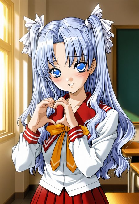 masterpiece, best quality, amazing quality, very aesthetic, absurdres, official art, ultra detailed, 
1girl, solo, kub0_shouk0, blue eyes, blue hair, long hair, two side up, wavy hair, white hair ribbon BREAK school uniform, serafuku, red sailor collar, pleated skirt, bow, 
blush, shy smile, parted lips, looking at viewer, standing, pinup, heart hands, in classroom, upper body, sharp focus, depth of field, highly detailed <lora:kubo shouko v1.0-000015:1>