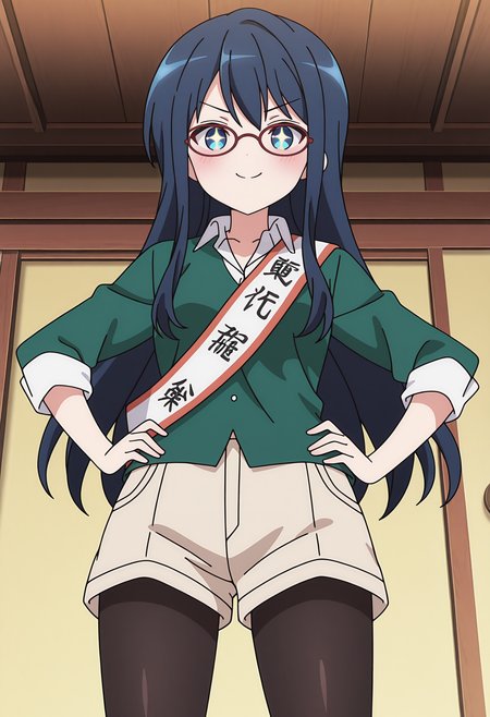 highres, best quality, masterpiece,
anime screencap,
1girl, solo, gochirep, dark blue hair, long hair, blue eyes, glasses, red eyewear,
green shirt, collared shirt, white shirt, shirt under shirt, beige shorts, black pantyhose,
looking at viewer, blush, smile, +_+, bright pupils, v-shaped eyebrows, 
hands on own hips, shoulder sash, from below,
<lora:_class_rep_gochiusa-elesico-ilxlB:1>