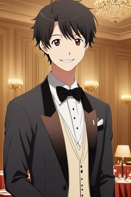 high resolution, solo, best quality, 1Boy, Inaho Kaizuka, Black Hair, luxury hotel, Ballroom, tuxedo, smile, confident, OverallDetail