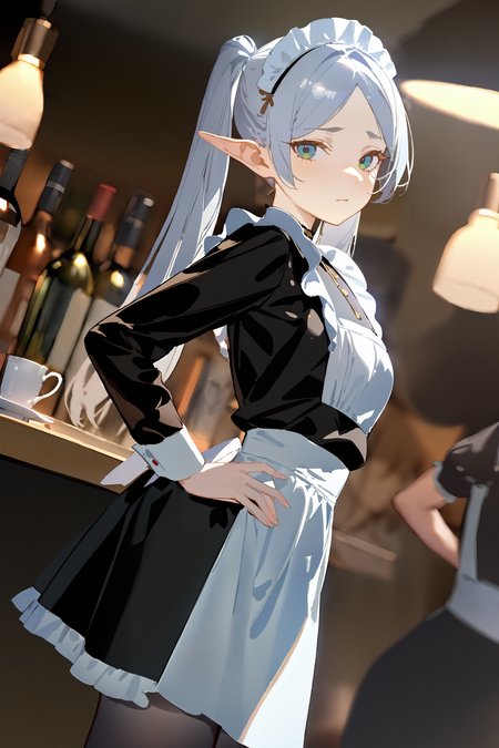 masterpiece, best quality, very aesthetic, ray tracing, newest, (hitenkei, askzy:0.4),1girl, frieren, twintails, solo, maid, maid headdress, maid apron, shy, pantyhose, hands on hips, looking at viewer, cowboy shot, bar \(place\), indoors, depth of field <lora:quality1:0:hr=2>,  <lora:Char-Frieren-XL-V1:0.9>