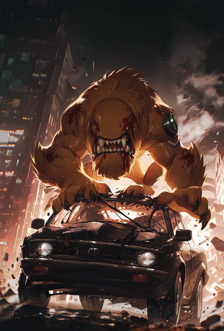 <lora:wildmutt-06:1> wildmutt, solo, no humans, claws, sharp teeth, no eyes, no ears, <lora:WSSKX_WAI:1>,  blood, ontop of car, smoke, destroyed city,, masterpiece, best quality, amazing quality, very aesthetic, absurdres, newest,