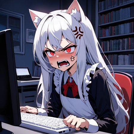 masterpiece, best quality, <lora:inori-meme_last:1.7>,1girl,white hair,maid,long hair,red eyes,cat ears,