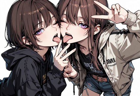 lazypos, girl focus, 2girls, multiple girls, v, long hair, brown hair, double v, mole, mole under eye, tongue, short hair, white background, hoodie, simple background, jacket, skirt, tongue out, one eye closed, open mouth, shorts, hood, licking, belt, shirt, purple eyes, open clothes, niniastyle