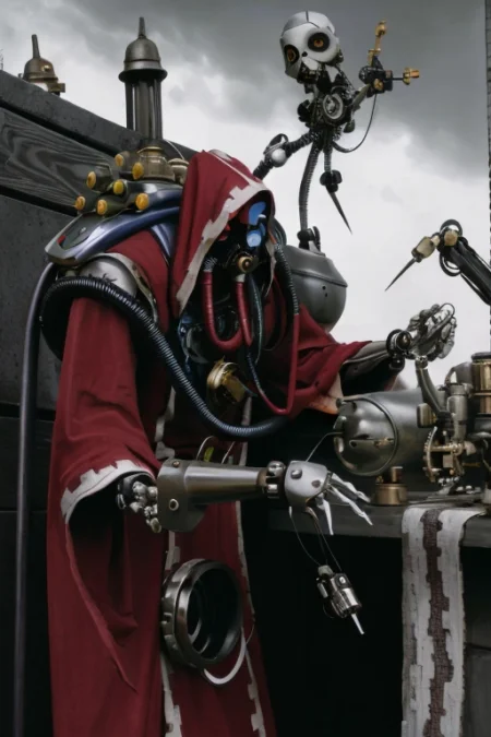 ((masterpiece,best quality)), absurdres, mechanical arms, robes, hood, (techpriest), cyborg, mechanical face, (TimBurton Animation)