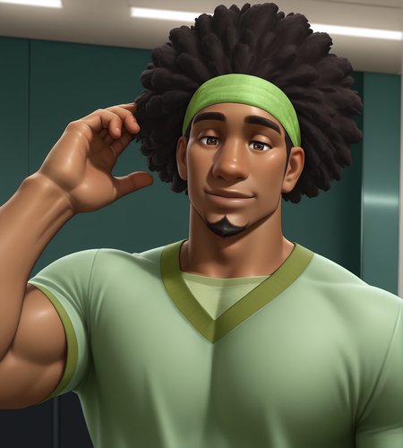 1boy, solo, male focus, wsbibighero, 1boy, solo, male focus, dark skin male, afro hair, headband, green shirt, goatee
 <lora:Wasabi_-_Big_Hero_6_V2:1>