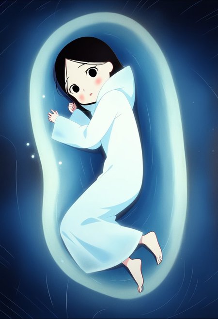 zPDXL3, source_cartoon, Perfect Hands, full body,
1girl, solo, under the sea, looking at viewer, saoirse, black hair, black eyes, blush, ghost, hood up, robe, barefoot, glowing, lying under the sea, from above, lying on side, facing at viewer, feeling cold, eyes open, peaceful emotion, open mouth, sleeve past wrist, slim body, long body, highlight cloth wrinkle, anime style, seals nearby, bubbles, 
<lora:Perfect Hands:1>  <lora:Saoirse_-_The_Song_of_the_Sea-000009:1>