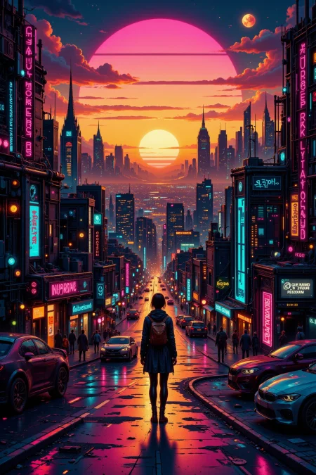 a cyberpunk neighborhood beautiful  landscape, golden hour, woman, very intricate, very detailed, sharp, bright, colorful, <lora:Hand v2:0.5> <lora:Anti-Blur:1><lora:Insane Detail Slider:0.25>  <lora:flux.1_lora_flyway_Epic-detail_v2:0.3> <lora:fluxenhancer:0.25> <lora:ck-Neon-Retrowave:0.4> ck-rw, in the style of ck-rw, <lora:Neurocore Anime Cyberpunk v2.0:0.8> <lora:neon-cyberpunk-alla-prima:0.4> mad-llprm