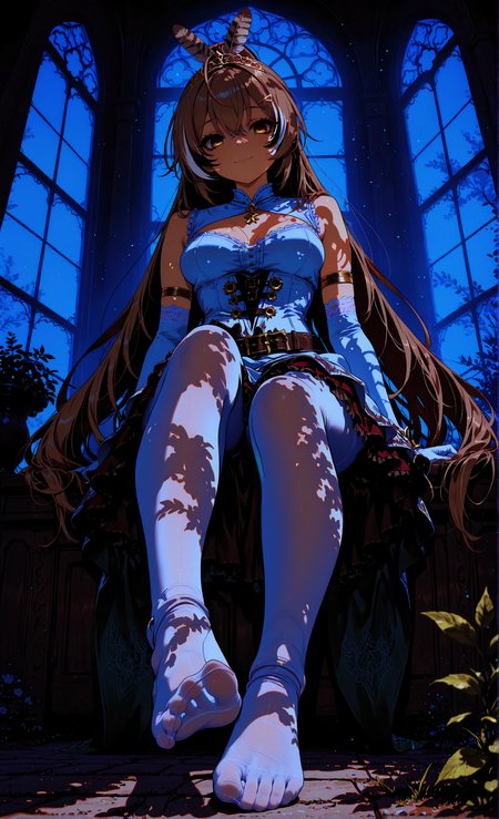 masterpiece, sharp detail, intricate detail, 1girl, nanashi mumei,  long hair, gradient eyes, detailed eyes, looking at viewer, smile, white corset, lace trim, white pantyhose, (close-up feet, focus on foot, low angle, from below), sitting, tiara, white elbow gloves, bracelet, armlet, lace trim, frills, bare shoulders, <lora:ck-shadow-circuit-IL:0.6> in the style of cksc, black eyeliner, long eyelashes, indoors, huge window, blurry garden, chiaroscuro, volumetric lighting, dappled light, dramatic shadows, cinematic lighting, detailed background, light and shadow contrast, dark, <lora:illustriousXL_stabilizer_v1.72:0.3> <lora:MeMax5-noob-vpred:0.4>, <lora:r-hrtdrp:0.5> <lora:darkness_xl_v20:0.6>