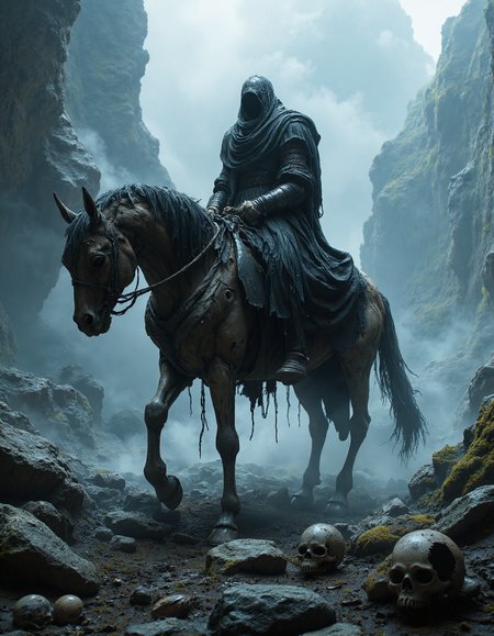 highly detailed cinematic scene, A spectral knight, draped in tattered, ghostly armor, rides a decaying, skeletal horse through a desolate, fog-shrouded landscape. The knight's hollow eyes and eerie presence exude an aura of death and mystery. Jagged cliffs and crumbling rocks surround them, creating a foreboding atmosphere. The ground beneath the horse is littered with skulls and bones, enhancing the sense of dread and despair in this dark, otherworldly scene, <lora:aidmaMJ6.1:0.8>, <lora:fluxenhancer:0.5>