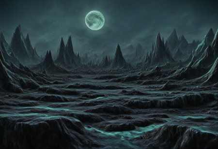 A beautiful landscape at night on an alien world, dramatic lighting, large moon in the sky, jade rocks, waterfalls, deep crevices, uhd, ultra-detailed, photography, f/8 photo, monoprone, nmskyrim