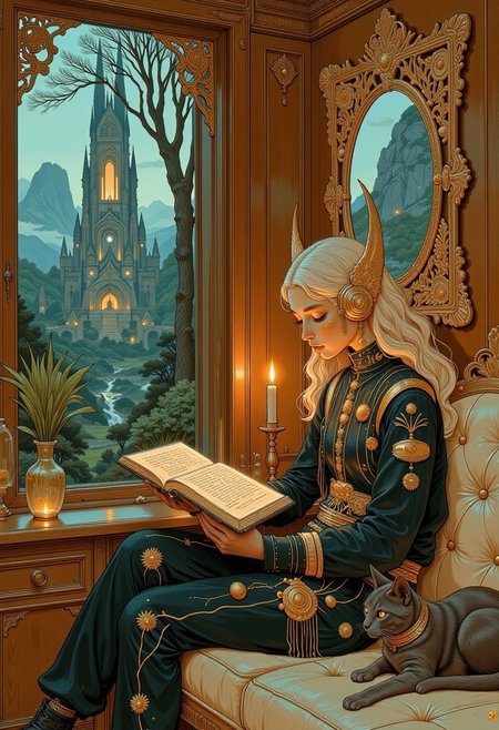 The elven princes in embroidered tunic and trousers reads inside her cyberpunk room with wood paneling, cat, alien forest landscape outside, cyberpunk and post-apocalyptic themes, ambient lighting,  complementary colours, painterly, illustration, hyp3rd3tail style