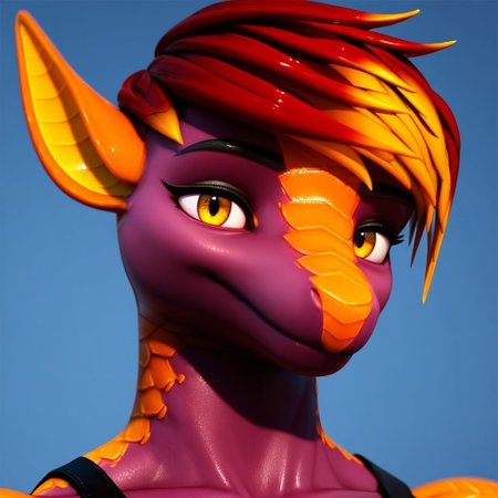 score_9, score_8_up, score_7_up, Expressiveh, masterpiece, best quality, highly detailed, realistic,  1girl, solo, (ZyndetFF, furry, anthro, scalie, female dragon, red hair, yellow eyes, yellow highlights, two tone hair, yellow inner ear, black eyebrows, purple body, yellow scales, two tone body, wingless dragon, black pupils, black crop top, muscular female), upper body, close-up, ((blue background, simple background), smile, looking at viewer, closed mouth