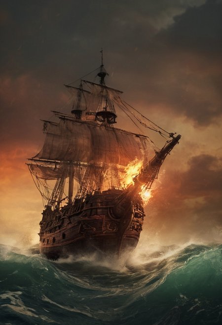 pirate ship, sailing in the rough ocean, moody, with a high-budget. The image has a film grain and is very detailed, with a photo realistic, candid camera effect. The color grading is cinematic, with eye-catching light and natural imperfections, cannon firing on side deck, reddish sky (0.75), explosion, fire