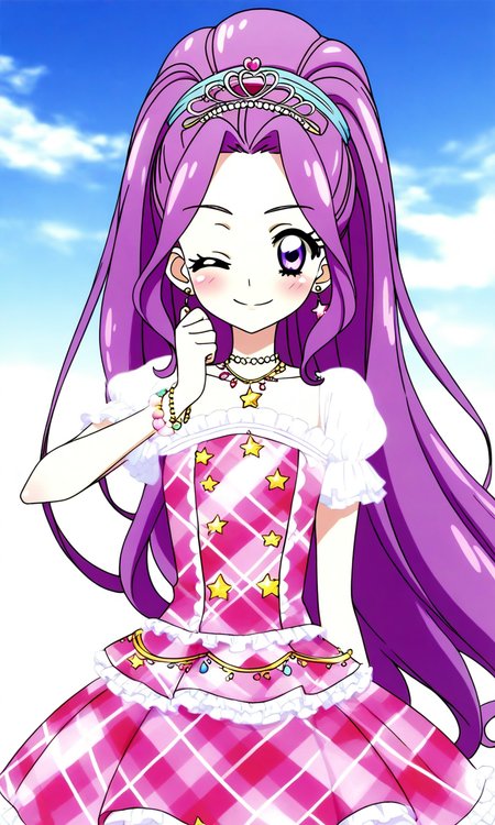 general,highres, ultra-detailed,very aesthetic,best quality ,best hands, BREAK <lora:Kanzaki_Mizuki_aikatsu!_IS:1>
kanzaki_mizuki(aikatsu!), 1girl, solo, purple hair, purple eyes, long hair, ponytail, high ponytail, hairband, very long hair,
one eye closed, smile, pink dress, jewelry, 
necklace, star (symbol), looking at viewer, ;), bracelet, tiara, argyle, gradient background, gradient, plaid, frills,
sky, outdoor,