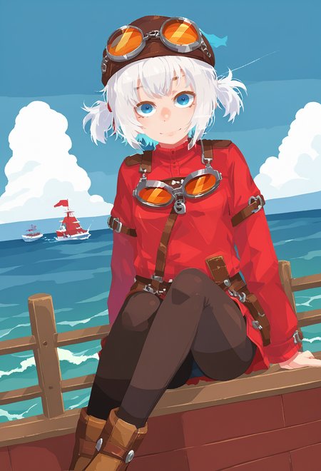 score_9, score_7_up, source_anime, BREAK solo, <lora:Pratty_XL:1> Pratty, blue eyes, short hair, white hair, short twintails, hair through headwear, goggles, brown headwear, red shirt, short over long sleeves, black long sleeves, red skirt, black pantyhose, leather breastplate, brown footwear, smile, ocean, shore, against railing,  <lora:HaraID21PXLP6lokrV53P1:1>