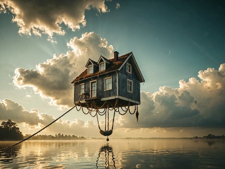 Professional photography. award winning cinematic photo.

Surreal. Muted tones. (A house floating in the sky at the end of a long rope:1.95). Lens flare.
