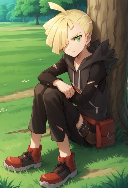 score_9, score_8_up, score_7_up, source_anime, highly detailed, 
gladion, 1boy, solo, male focus, green eyes, blonde hair, ear piercing, fanny pack, piercing, hair over one eye,
black pants, torn clothes, pants, torn pants, hood, hoodie, bangs, red bag, long sleeves ahoge,
hood down, short hair, collarbone, bag, looking at viewer, shoes, red footwear,
outdoor, grass, tree, back against tree, day, hug own legs, sit,