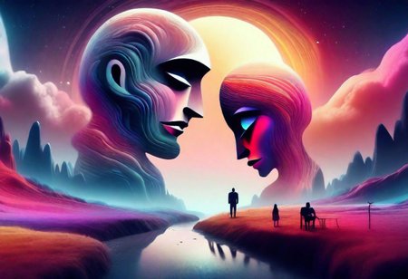 Man woman landscape. full moon  colours ,Outcast ,, 8k , tilt shift, surreal lowbrow art style,