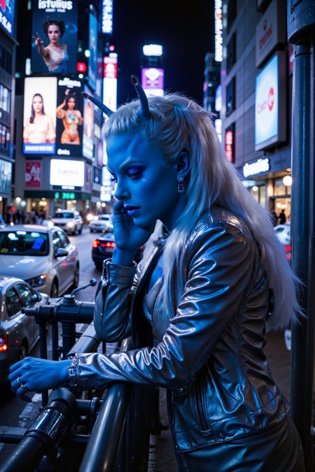 A hyper-realistic portrait, photorealistic photo close-up image of  In a bustling neon-lit street filled with holographic signs and futuristic cars zooming by, an Andorian woman with white hair leans casually against a metal railing, her blue skin glowing faintly under the city lights. Sheâs dressed in a sleek, metallic jacket and high-tech boots, her antennae twitching as she watches the chaotic nightlife unfold around her. The sounds of electronic music pulse from a nearby club, while a group of street performers juggle glowing orbs just a few feet away. She grins as a small drone buzzes by, offering her a neon-colored drink, which she grabs with a laugh. Taking a sip, she leans over the railing, watching the massive holo-billboards flicker overhead with advertisements for the latest tech. Just as sheâs about to leave, her ponytail catches on a passing hover-bikeâs rear antenna, yanking her head back with a surprised yelp. The rider apologizes profusely, and she laughs it off, rubbing her neck and flipping her ponytail back into place with a smirk. (photography, high-resolution, dynamic, energetic,hyper-realistic, dramatic lighting, shallow depth of field.), detailmaximizer, MythP0rt<lora:midjourney_whisper_flux_lora_v01:0.55><lora:aidmaMJ6.1-FLUX-V0.1:0.4><lora:FluxMythP0rtr4itStyle:0.4><lora:detailed_flux_ntc:2.2><lora:aidmaImageUpgrader-FLUX-V0.1:0.65><lora:andorian_FLUX>