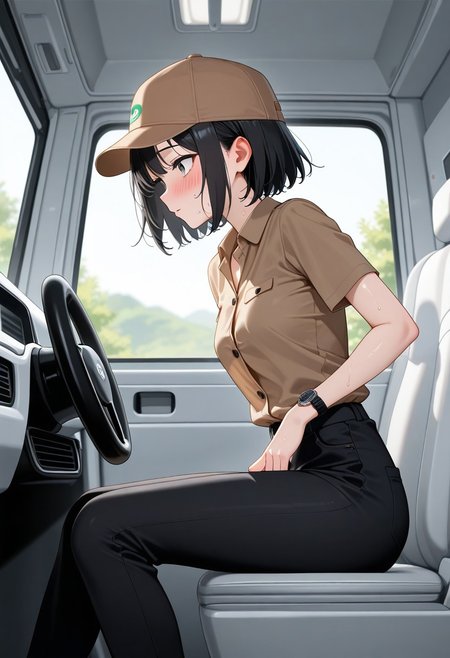 lazypos, (((((inside ups delivery van))))), driver's seat, side view, BREAK, woman, adult, very skinny, tiny breasts, ((((((short black hair)))))), grey eyes, ((((((brown button up shirt, black pants, brown cap)))))), black wristwatch, BREAK, sweating, blushing, sitting