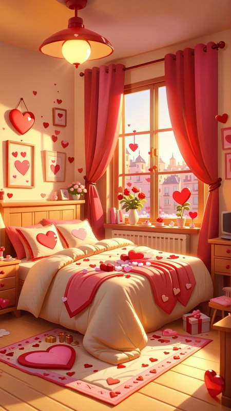 cartoon style,<lora:valentine's day date_XSE_GAME_V1:0.8>,valentine's day date,the warm sunshine,empty bedroom,