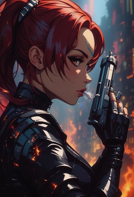 An Acrylic style painting that is expressive, gives it a dynamic and emotional quality. Anime art of a stylized portrait of a female cop in a leather suit. The suit creates a dramatic and surreal effect. She is holding a gun up to her lips. Side view, cowboy shot. The woman has a fiery aesthetic, complimented by her red hair. Anime art of woman draped in shadows with a lighting that enhances her unique features.
cyber city setting, with buildings in the background.
The gun has smoke coming out of the barrel.
