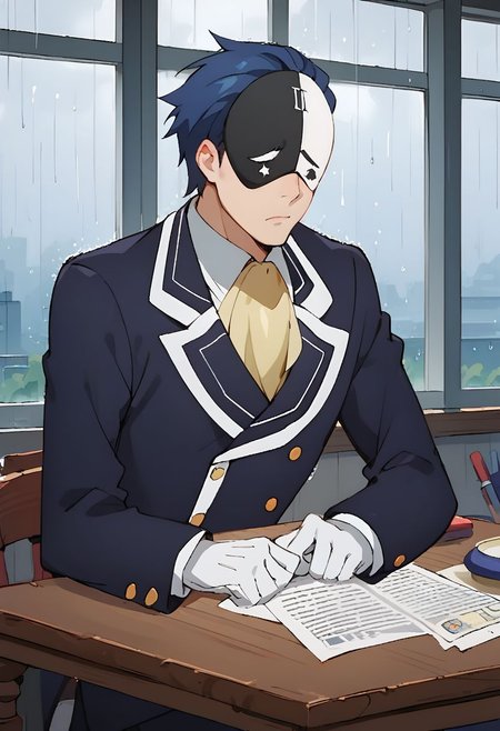 score_9, score_8_up, score_7_up, source_anime, rating_safe, official style, anime screencap, 1boy, vanir, male focus, closed mouth, sad, gloves, formal, suit, upper body, necktie, jacket, ascot, window, arms on table, by the window, indoors, gloomy, raining, dark blue overlay, foggy, pale, dark shadow on front,