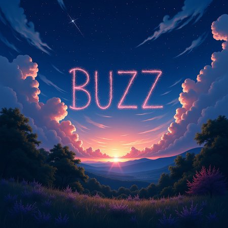 (the word "BUZZ" written as stars in the night sky), detailed background, Calm autumn night landscape, amongst lush greenery, beautiful view, (Sakura blossoms in full bloom), Unexplored, twilight, sunset, (shooting stars), stars streaking the sky, streaking stars, beautiful clouds, dappled sunlight, beautiful
