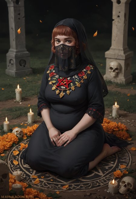 score_9,score_8,score_7_up,marmalademum, solo, 1girl, velma, chubby, black dress, gold intricate details, rhinestones, calavera make-up, skull face make-up, dia de muertos, black veil, dark graveyard, flames, sitting, pose, orange petals, black petals, particles, flowers, candles, red pentagram on floor, from above, <lora:MarmaladeMuM:0.8>