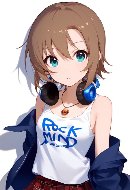 1girl,
tada riina,


looking at viewer, tsurime, headphones around neck, breasts, eyelashes, blue eyes, standing, plaid, bare shoulders, off-shoulder shirt, clothes writing, jewelry, alternate hair length, collarbone, sidelocks, light brown hair, solo, star \(symbol\), pendant, necklace, skirt, simple background, hair between eyes, small breasts, parted lips, plaid skirt, red skirt, arm at side, pleated skirt, alternate hairstyle, shirt, white background, off shoulder, long hair, tank top, headphones, blue shirt,

sfw
<lora:a31_char_new_tada_riina:1> <lora:a31_style_koni-000010:0.8>