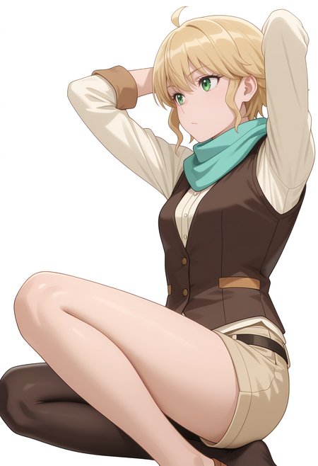Smooth Quality,masterpiece,very intricate, high quality details, ultra realistic, high detailed skin,
simple background, white background,
from side,:/,\n/,lying down, hands behind head, one knee bent, relaxed expression, casual vibe,  ,
 <lora:Rembrandt_Yunocnn:0.8> rembrandtyuno/cnn, blonde hair, solo, green eyes,1girl,aqua scarf, 
button-up vest, ,single leg pantyhose, ,