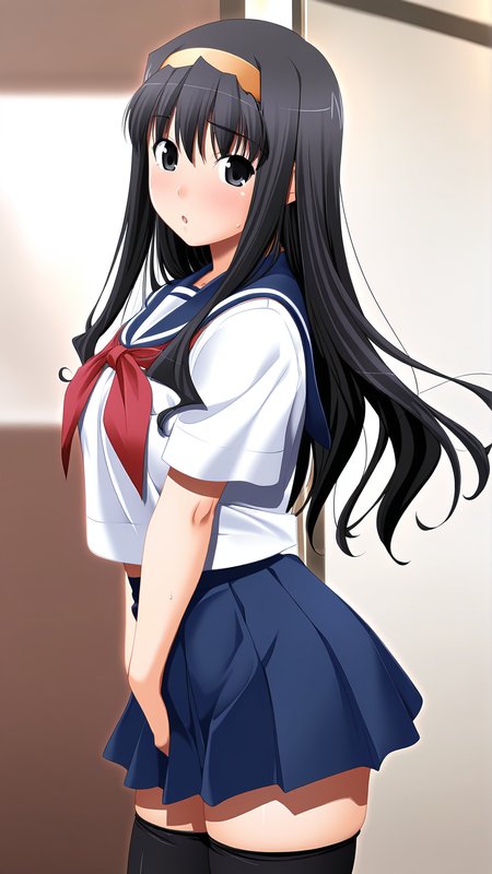amazing quality,absurdres,best quality,masterpiece,highres,newest,detailed,detailed body,detailed face,masterpiece,best quality,solo,
ç½ç ããã,1girl,solo,school uniform,thighhighs,black hair,zettai ryouiki,serafuku,long hair,hairband,skirt,black eyes,<lora:ç½ç ããã:0.8>,