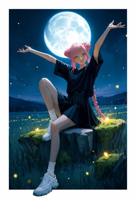 realistic textured painterly, 
(by lch, fugtrup:1.15), cinematic, nose, lips, 
( outside border, white border, border:1.15),
full body, 1girl, smile,  black shirt, black skirt, pleated skirt, short sleeves, blue eyes, pink hair, braid, braided bun, double bun,  closed mouth, very long hair, sneakers shoes,  white shoes, white socks, facing to the side,  outstretched arms, arms up, head tilt, (sitting on grey rock with moss:1.2), (outstretched leg:1.2), leaning back, knee up, 
dark background, night, (meadow:1.1), glowing theme, fireflies, moon, moonlight outdoors,
very awa, best quality, highres, masterpiece,
<lora:nhl-002-nai:0.8>, nhl-002, <lora:nhl-001-20:0.6> , nhl-001,