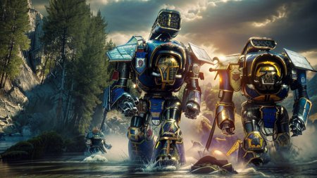 realistic analog photo, award winning photo,
 <lora:FantasyLandscape-10:0.75> fanlan, 
 <lora:Titans MK1 by CARAXES:1> titans, reaver, giant, massive size diffrence, marching across river,
RAW, highres, 8k, uhd, High Dynamic Range, tonemapping, crisp details,