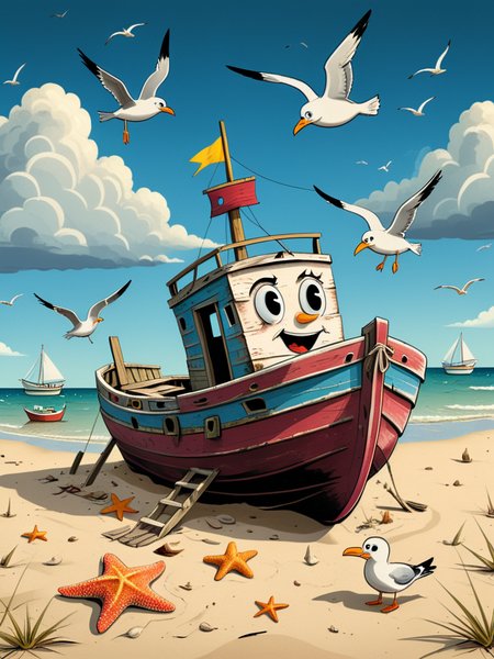 (old cartoon illustration) of 
an old abandoned boat on the beach and surrounded by seagulls and starfish, storm and clouds
<lora:A_RubberHose_Character_v2_SDXL:1.2> rubber_hose_character,
 <lora:xl_more_art-full_v1:0.5>