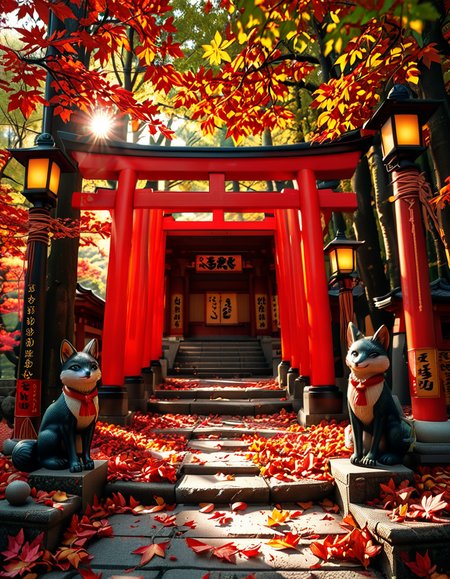 A breathtaking Inari shrine hidden within a serene Japanese forest during autumn. The scene is illuminated by the soft glow of traditional stone lanterns, casting warm golden light on the vibrant red torii gates that form a mesmerizing tunnel leading up the shrineâs stone steps. The ground is covered with delicate fallen maple leaves in shades of crimson, orange, and yellow. Kitsune (fox) statues with intricate details guard the entrance, wearing red bibs symbolizing their sacred role. The shrineâs wooden structure is adorned with ancient calligraphy and shimenawa ropes, exuding a mystical and spiritual atmosphere. Sunlight filters through the dense foliage, creating a tranquil interplay of light and shadow. The air feels crisp and filled with a sense of reverence and peace. The image is captured in a hyper-detailed, photorealistic style, with high dynamic range lighting enhancing the depth and richness of the colors.
<lora:SDXLFaeTastic2400:0.4> <lora:extremely_detailed:0.4> extremely detailed, <lora:Inari_shr1n3:1>,Inari shr1n3, Masterpiece,best quality,hi res,8k,hi res,8k,award winning,(sharp focus, intricate, highly detailed),