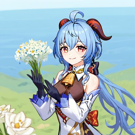 1girl, ganyu (genshin impact), by kodoto, ahoge, bare shoulders, bell, black gloves, blue hair, bow, breasts, chinese knot, detached sleeves, flower knot, gloves, gold trim, horns, impossible clothes, long hair, looking at viewer, low ponytail, medium breasts, multicolored eyes, neck bell, own hands together, sidelocks, smile, solo, steepled fingers, upper body, vision (genshin impact), white sleeves,