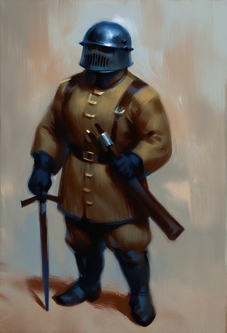 absurdres, hires, score_9, score_8_up, score_7_up, painterly, faux traditional media, (full body, from the front), European male, tall muscular, slightly chubby, standing proud,sixteenth century, soldier with ornate torso plate, helmet, holding a long musket , (late medieval European city background)