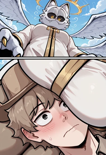 <lora:Frieren_Lap_Pillow_Comic__Meme_Pose_Concept__IllustriousXL_and_NoobAI:0.5> frierenpillow, 2koma, comic, 1boys, medium breasts, looking down, looking at another, sky, cloud, lap pillow, lying on lap, face to breasts, from below, from above,
BREAK <lora:godfield_v3_Illustrious_Mlaofmd:1> godfield, halo, white fur, facial tuft, cat ears, black sclera, yellow eyes, whiskers, wings, multiple wings, seraph, white wings, robe, white robe, fangs, claws
BREAK <lora:myOC_Illustrious_Mlaofmd:1> mlao, brown hat, brown hair, white skin, black eyes, brown shirt, brown pants, blue shoes, embarrassed, surprised, 
masterpiece, best quality, amazing quality, very aesthetic, absurdres, newest,