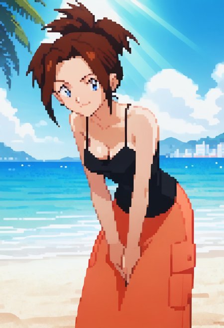 score_9, score_8_up, score_7_up, score_6_up, anime screencap, anime coloring, <lora:PMCissy_epoch_10:0.9>, PMCissy, 1girl, solo, brown hair, short hair, folded ponytail, blue eyes, breasts,
black camisole, orange skirt, long skirt,
looking at viewer, cowboy shot, leaning forward, arms between legs, smile, shiny skin, 
BREAK beach, sky, day, sunlight, light rays, cityscape, palm tree,
deep downblouse, flashing, no bra, accidental exposure, nipslip