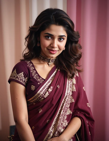 instagram photo of kr1t1 sh3tty woman, hyper realistic photo that is safe for work, shy smile, studio quality image with natural colors, well dressed wearing intricate turtleneck Burgundy Bomkai Saree (Odisha traditional saree), hair styled as  messy hair,muted pastel shaded multicolored background that contrasts with the person, cinematic lighting,âââââ  <lora:kr1t1_sh3tty_Kriti_Shetty_Flux_Kohya_V1:1>âââ