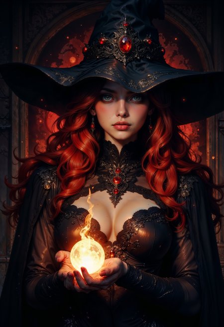 a digital artwork depicting a mystical, dark fantasy scene. The image features a young woman with pale skin and long, wavy, fiery red hair, wearing an ornate black witch's hat adorned with intricate, glowing red and black gemstones. Her outfit is a dark, gothic-style dress with detailed, shimmering patterns and a plunging neckline, revealing a hint of cleavage. She holds a small, glowing orb of fire in her right hand, which casts an eerie, warm light on her face and the surrounding area.
The background is dark and shadowy, adding to the mysterious and otherworldly atmosphere. The overall color palette is dominated by deep blacks and dark reds, contrasted with the bright, fiery glow of the orb. The camera angle is a close-up, focusing on her face and upper body, giving a sense of intimacy and intensity.
The textures in the image are rich and varied, with the smoothness of her skin and the intricate, almost metallic texture of her outfit and hat standing out. The digital art style is highly detailed and realistic, with a focus on dramatic lighting and shadows to create a sense of depth and mood.