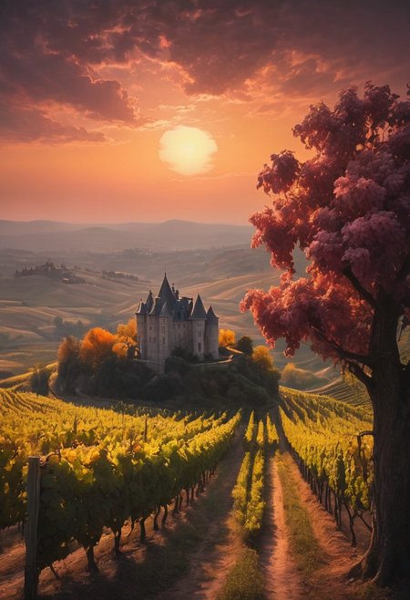 A sprawling vineyard, with a rustic chateau overlooking the grape-laden vines, warm orange and pink hues casting a beautiful glow, cinematic lighting, detailed digital painting by Aaron Blaise and Robert Bateman and Carl Runguis, 4k resolution, hyperrealistic rendering, ethereal atmosphere. highly detailed and hyper realistic photo, by Alena Aenami , by Archibald Thorburn , by Daniele Afferni , in the style of  monochromatic silhouette reflection,  limited dark palette, unusual dark colors, faded colors, atmospheric haze, highly dramatic cinematic lighting, motion blur, film grain,  professional, excellent composition, finest details, maximized details, ultimate detail level, masterpiece, best quality