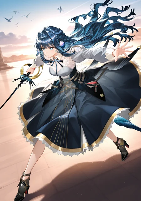 arknightsgame,arkbg,masterpiece,best quality,amazing quality,very aesthetic,high resolution,ultra-detailed,absurdres,
1girl,solo,Astesia,blue eyes,white pupil,bird tail,long hair,blue hair,bird girl,medium breasts,
astesia_\(arknights\),white collared shirt,black long skirt,black high heel boots,blue neck ribbon,
dynamic pose,holding sword, rapier,outdoors,fighting stance,
<lora:AstesiaILREV1.0-000003:1>,arkbg,<lora:ArknightsGameStyleILV1:0.8>,